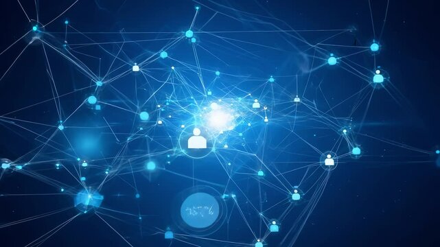 A dynamic network of blue digital nodes expanding as they connect into a vast web of interlinked data points. The camera zooms in, revealing the intricate web against a deep blue background, with soft