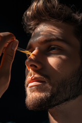 Young man with beard is receiving a serum treatment on his face