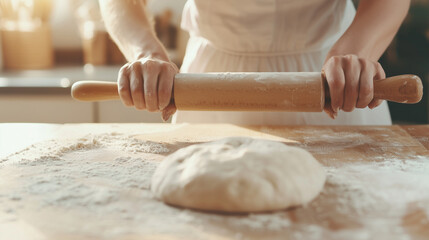 Baking Preparation: Closeup of Woman&rsquo;s Hands Holding a Rolling Pin on a Wooden Kitchen Table with Dough and Flour, Ideal for Homemade Bread Recipe. photo