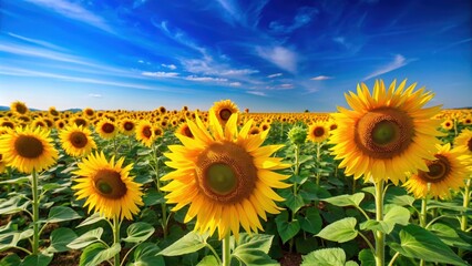 Fototapeta premium Field of vibrant sunflowers under a clear blue sky, sunflowers, field, nature, yellow, petals, plants, summer, agriculture