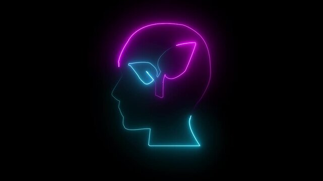 glowing neon line man mind icon cyan purple color animation man will thinking for tree plantation.