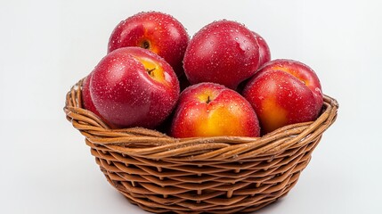 Fresh, ripe peaches with water droplets in a wicker basket, on white background.