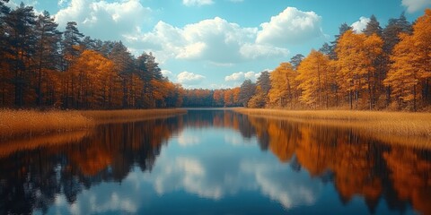 Naklejka premium Autumn Forest Reflecting in a Calm Lake