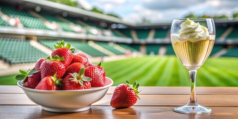 Strawberries with whipped cream and champagne on a table at Wimbledon tennis tournament, strawberries, whipped cream