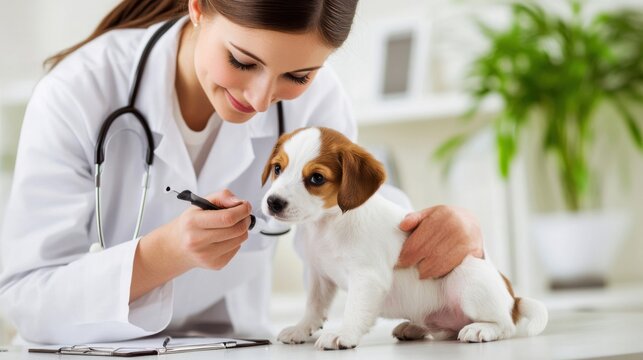 Veterinary professional examines a puppy in a bright clinic during a routine check-up for its health and well-being