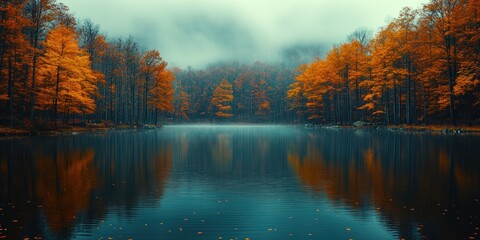 Autumn Forest Reflecting in a Still Lake