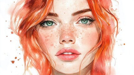 Obraz premium Captivating Watercolor Portrait of a Woman with Freckles and Vibrant Red Hair