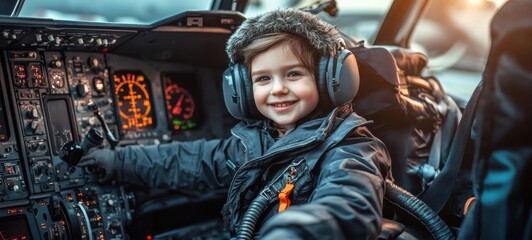 A young child explores the cockpit of a helicopter while interacting with the control panel on a sunny day outdoors