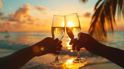Two people clinking champagne glasses in a tropical beach setting at sunset, celebrating a special moment.