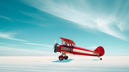 Iconic Vintage Biplane Soaring Over Open Fields With Clear Blue Sky