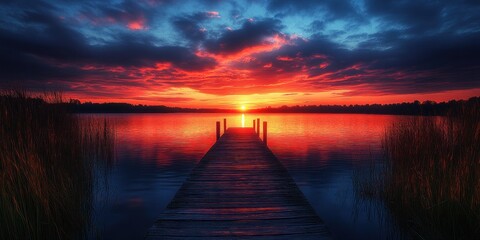 Naklejka premium Wooden Dock Extending into a Calm Lake at Sunset