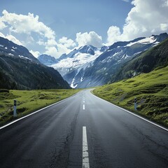Scenic mountain road leading through stunning snowy peaks and lush green valleys under a bright sky.