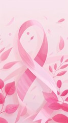 Breast Cancer Awareness Ribbon Background. Vector Illustration. pink vertical wallpaper with botanical decor