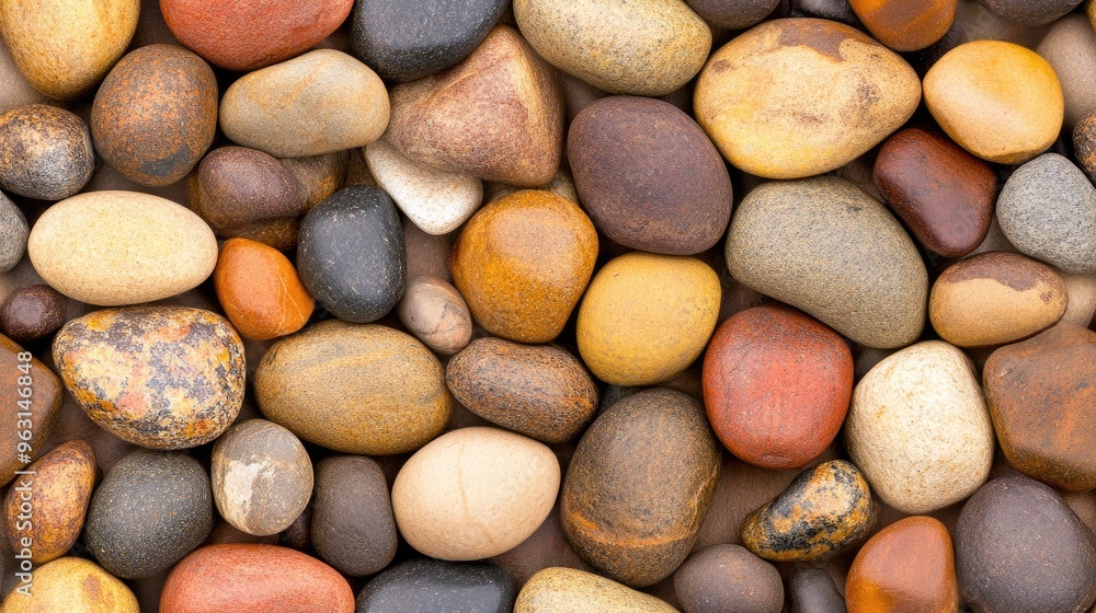 Poster a collection of colorful pebbles and smooth stones is displayed on a vibrant, textured background, s