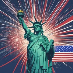 Festive 4th of July Celebration with Statue of Liberty Close-Up and Fireworks Background