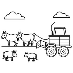 Tractor pulling a wagon of farm animals on a bright day,