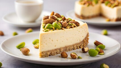 A delicious piece of cheesecake decorated with pistachios and curry nuts invites you to enjoy dessert.