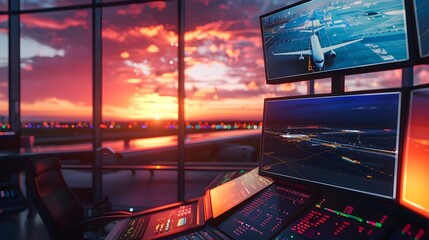 Sunset over the Bustling City Skyline with Airplanes and Airport Control Room Displays