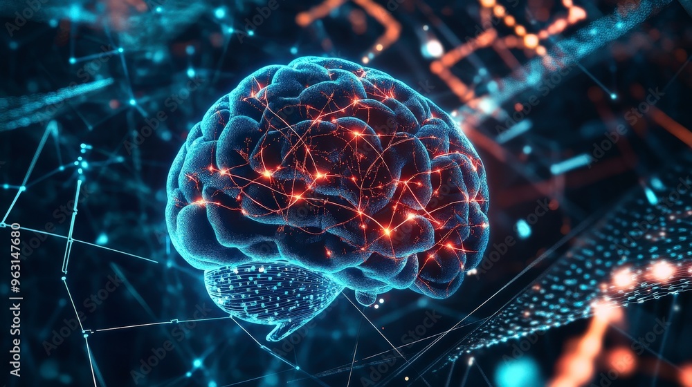Poster 3d rendering of a human brain with glowing connections, symbolizing neural activity and communicatio