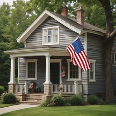 Patriotic American Flag Display on Traditional House During Memorial Day