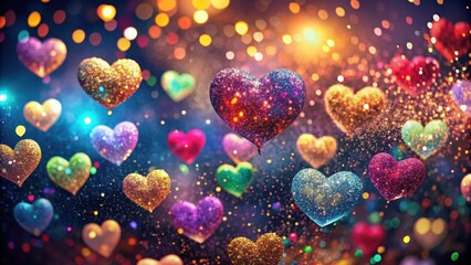 Colorful hearts with glitter floating in the air, creating a festive and sparkly atmosphere, hearts, glitter, colorful