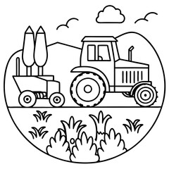 Naklejka premium Tractor harvesting corn with chickens and cows watching,