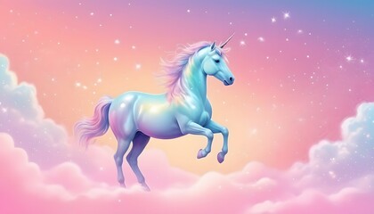 Fototapeta premium Rainbow unicorn pastel background with glitter stars. Pink cloudy fantasy sky. Cute holographic space. Fairy iridescent gradient backdrop Backgrounds