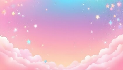 Fototapeta premium Rainbow unicorn pastel background with glitter stars. Pink cloudy fantasy sky. Cute holographic space. Fairy iridescent gradient backdrop Backgrounds