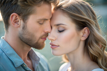 Tender Romantic Moment Between Blond Man and Woman With Eyes Closed, Intimate Forehead Touch