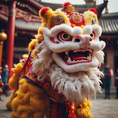 Spectacular Chinese Lion Dance Costume Performance at Lunar New Year Celebration