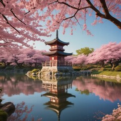 Japanese Pagoda in Cherry Blossom Reflection under Serene Ambient Lighting