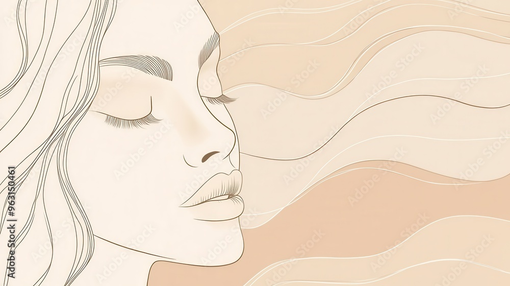 Poster A minimalist illustration features a woman's face outlined in smooth lines, capturing elegance and tranquility in a subtle palette. Generative AI