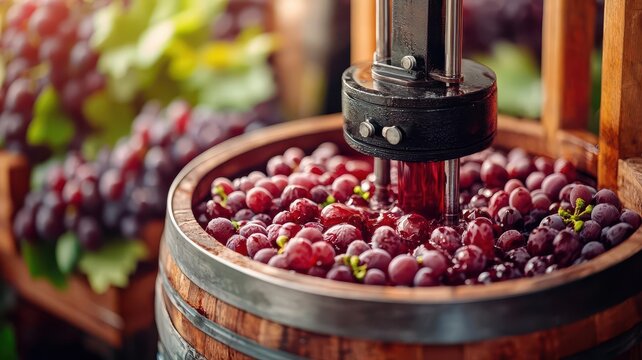 Grape press extracting juice for fermentation, Wine, Beginning of process