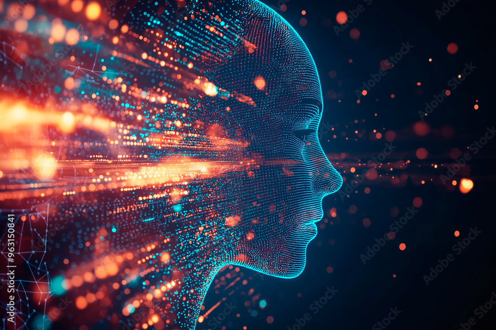 Poster Abstract depiction of a human head with glowing neural connections on a dark background. Ai generative.