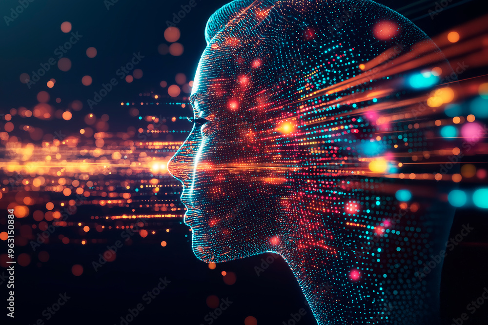 Fototapete digital human head with neural network and data points on dark background. ai generative.