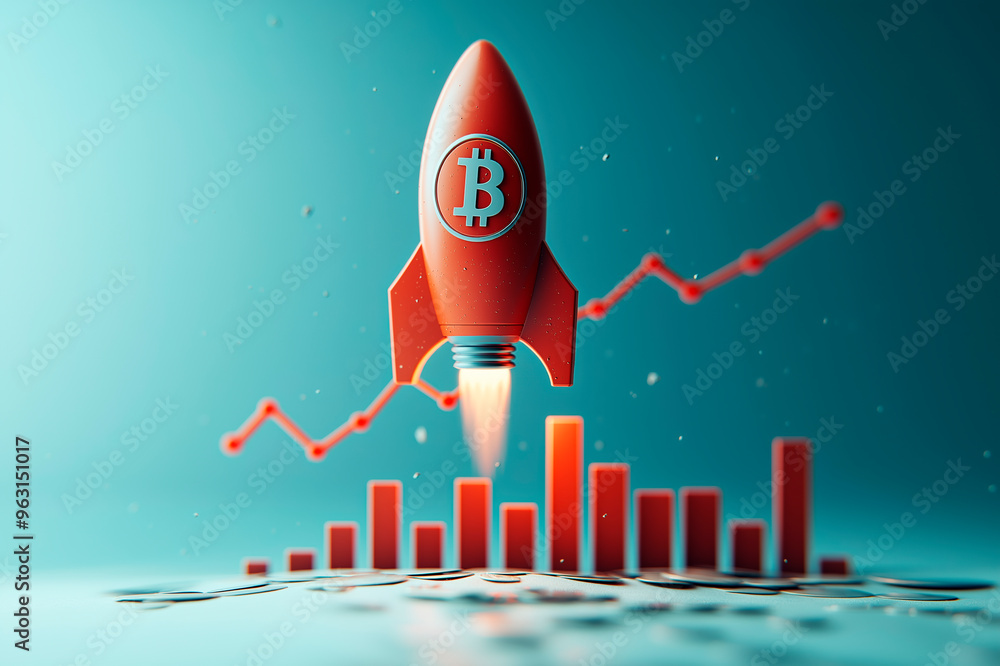 Poster rocket with cryptocurrency symbol launching, with bar and line graphs in the background. concept of 