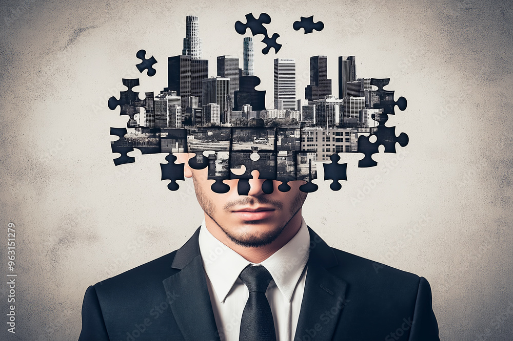 Poster man in suit with a cityscape puzzle for head on textured background. ai generative.