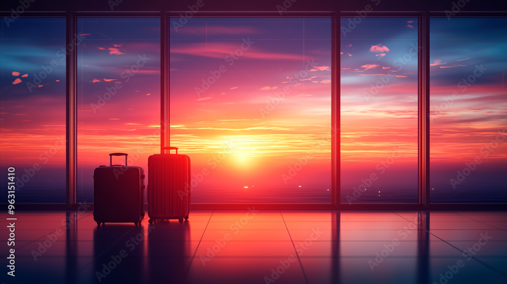 Poster two suitcases in front of large airport windows during sunset, creating a travel and adventure atmos