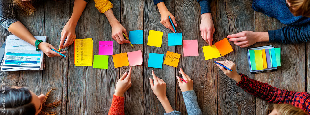 Poster group brainstorming session with colorful sticky notes on wooden table background, top view.
