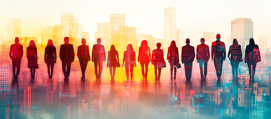 Silhouettes of diverse business people walking in front of a bright cityscape background.
