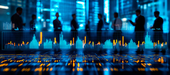 Businesspeople in Office with Financial Data Chart Overlay, Modern Blue Background.