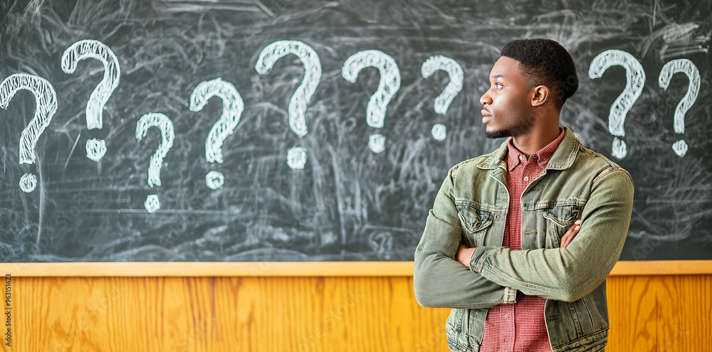 Poster Man standing in front of blackboard with question marks.