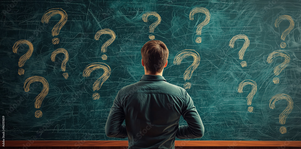 Poster Pensive person facing a chalkboard with multiple question marks, symbolizing confusion and search for answers.