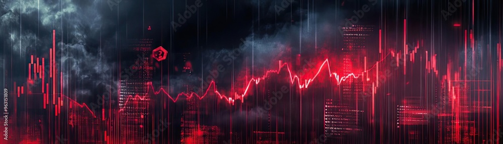 Poster abstract financial data visualization with red lines showing fluctuating market trends against a dar