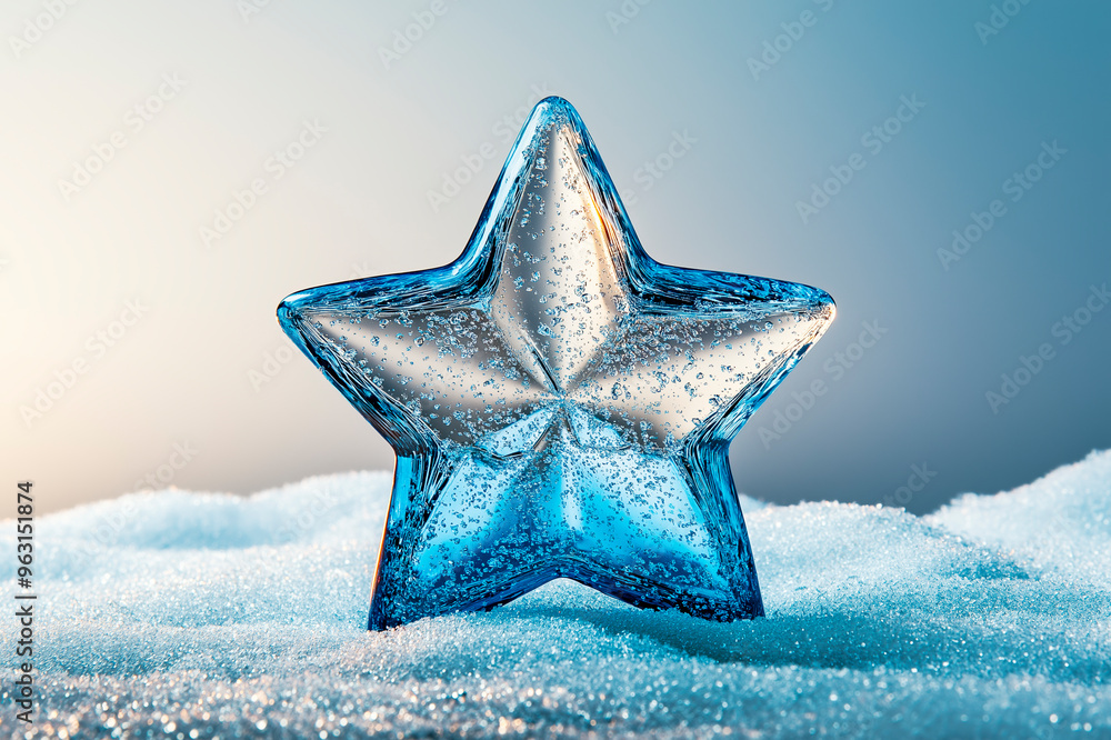 Poster glass star with bubbles inside placed on a snowy surface, bright gradient background.