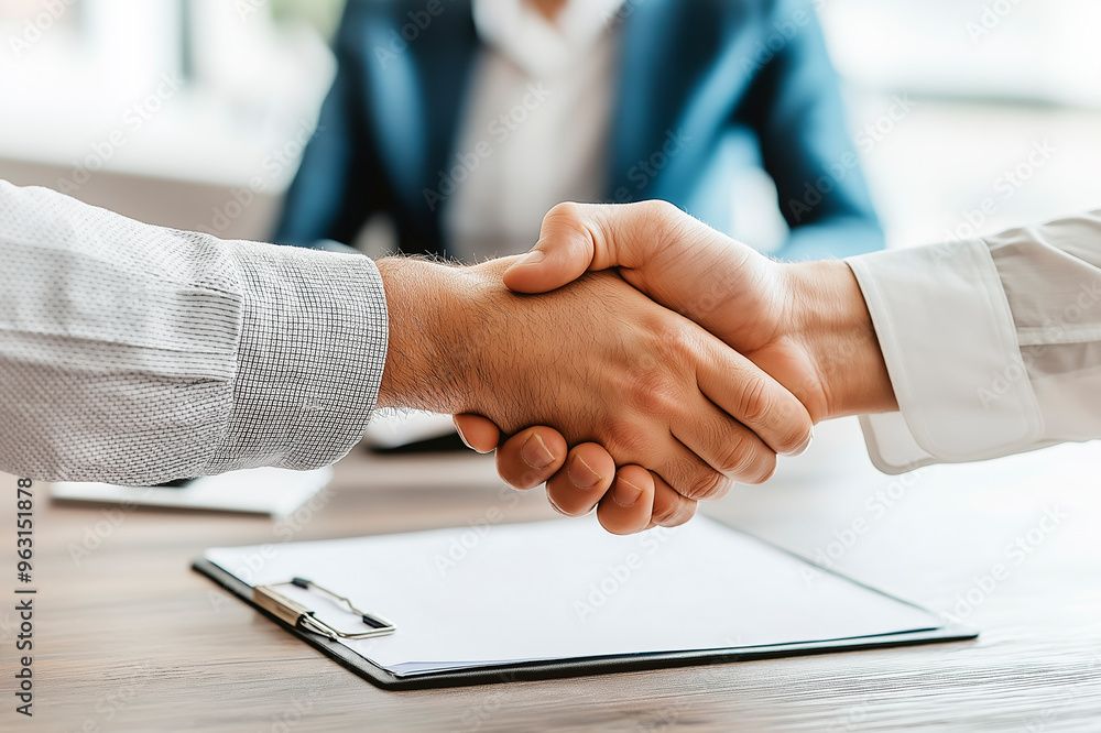 Poster close-up of a handshake between two individuals over a document on a desk, signifying a business agr