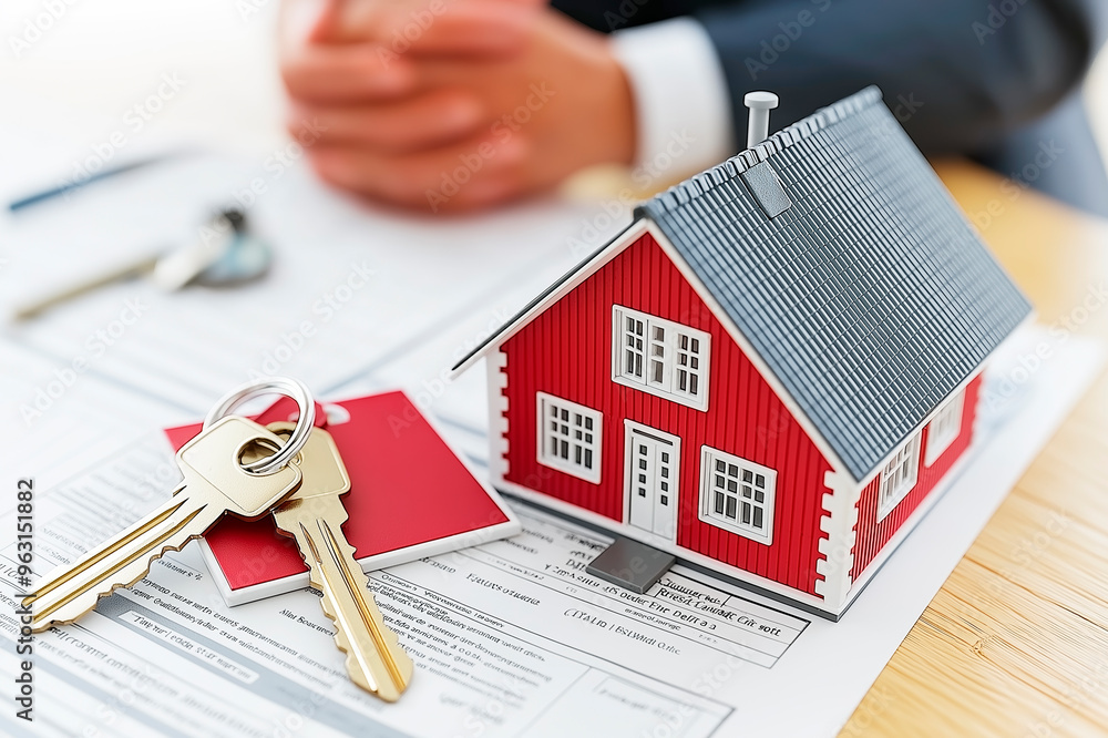 Aufkleber Miniature red house model with keys on a contract document in front of a person.