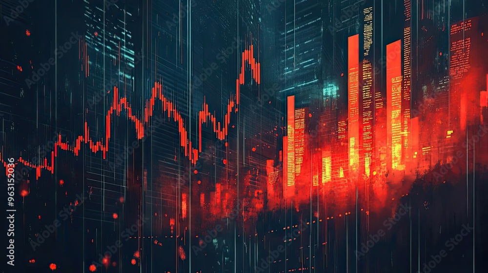 Poster dynamic stock market graph showcasing fluctuating trends in finance with vivid visual effects in red