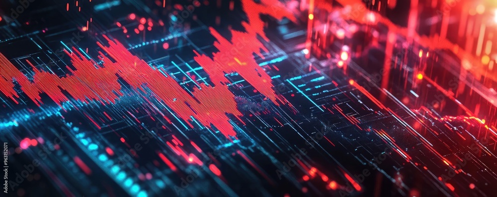 Poster dynamic abstract illustration of a digital data waveform with vibrant red and blue colors, represent