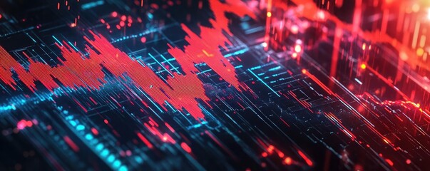 Obraz premium Dynamic abstract illustration of a digital data waveform with vibrant red and blue colors, representing technology and innovation.
